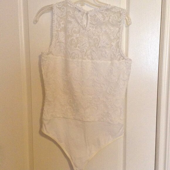 White Lace Bodysuit Women's Crew Neck Lingerie One Piece Cottage Core Sexy Bride - Picture 4 of 8